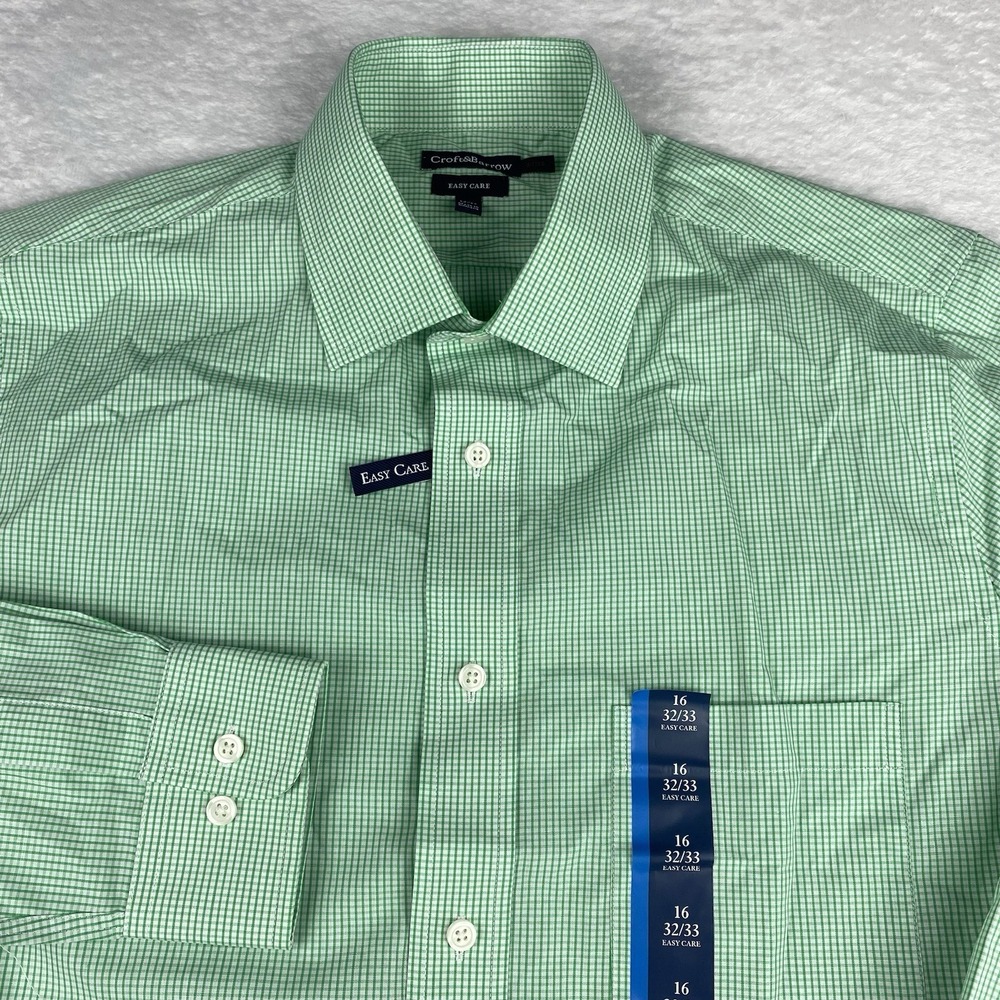 Croft & Barrow Shirt Mens 16-32/33 Green Checks Fitted Easy Care NWT!